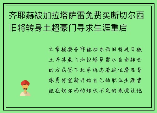 齐耶赫被加拉塔萨雷免费买断切尔西旧将转身土超豪门寻求生涯重启 齐耶赫被加拉塔萨雷免费买断切尔西旧将转身土超豪门寻求生涯重启
